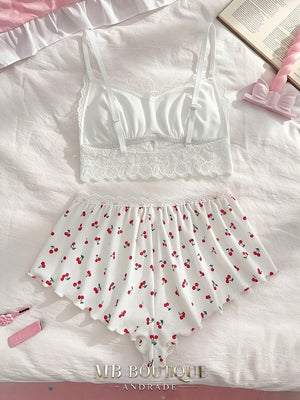 Babydoll Branco com Renda e Laços Contrastantes