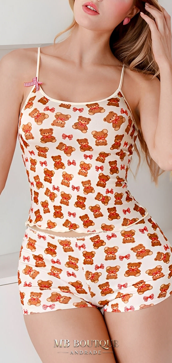 Babydoll Estampado de Ursinho com Laço e Alças Reguláveis