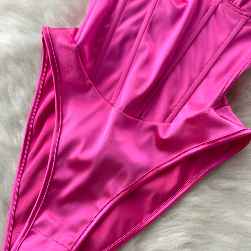 Body Corset Pink Cetim – Lingerie Sensual com Aro, Sem Bojo, Brilho e Amarração Frontal