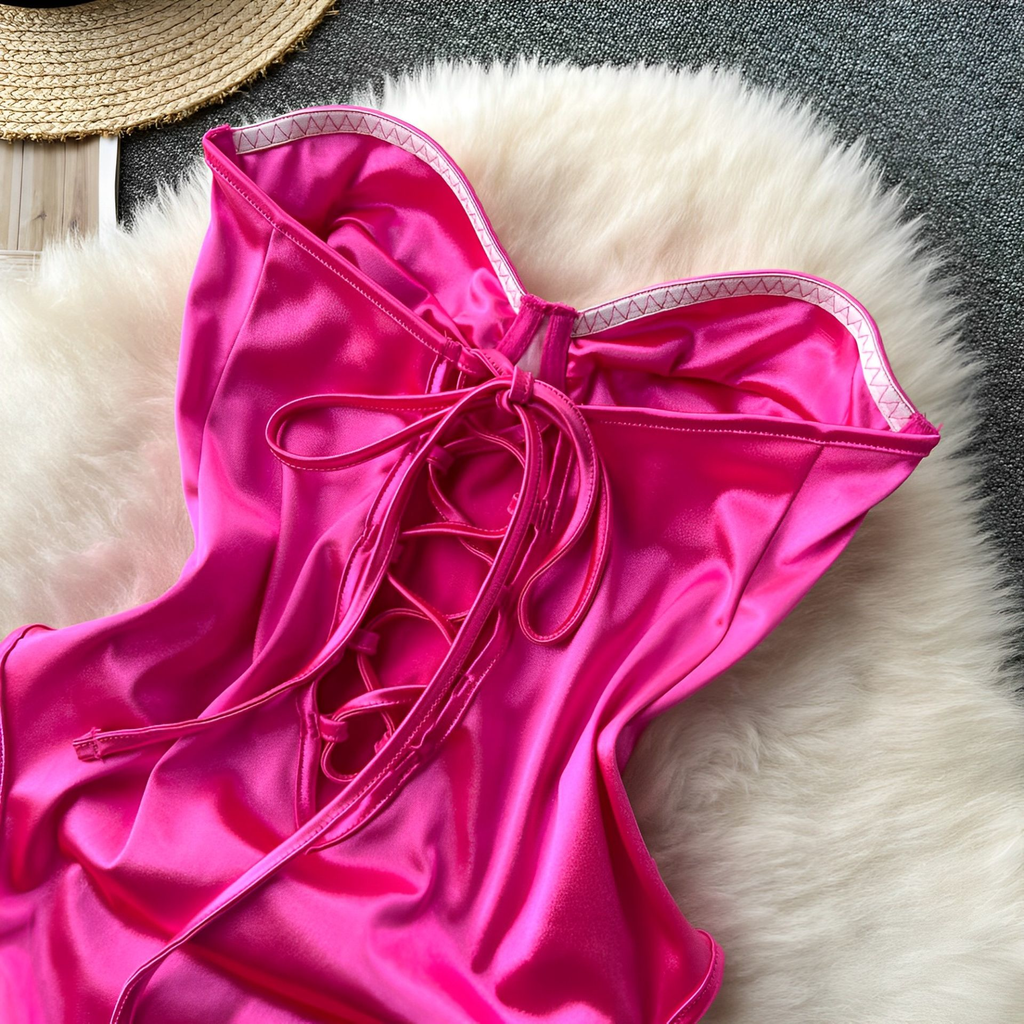 Body Corset Pink Cetim – Lingerie Sensual com Aro, Sem Bojo, Brilho e Amarração Frontal