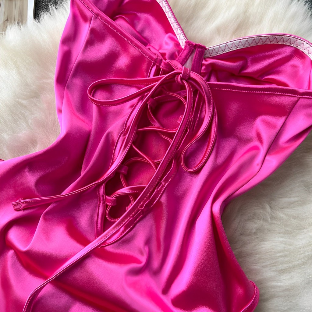 Body Corset Pink Cetim – Lingerie Sensual com Aro, Sem Bojo, Brilho e Amarração Frontal