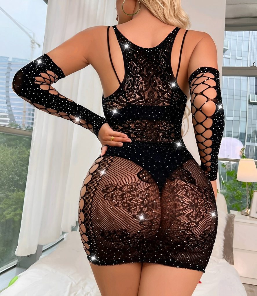 Kit camisola transparente + calcinha com pérolas
