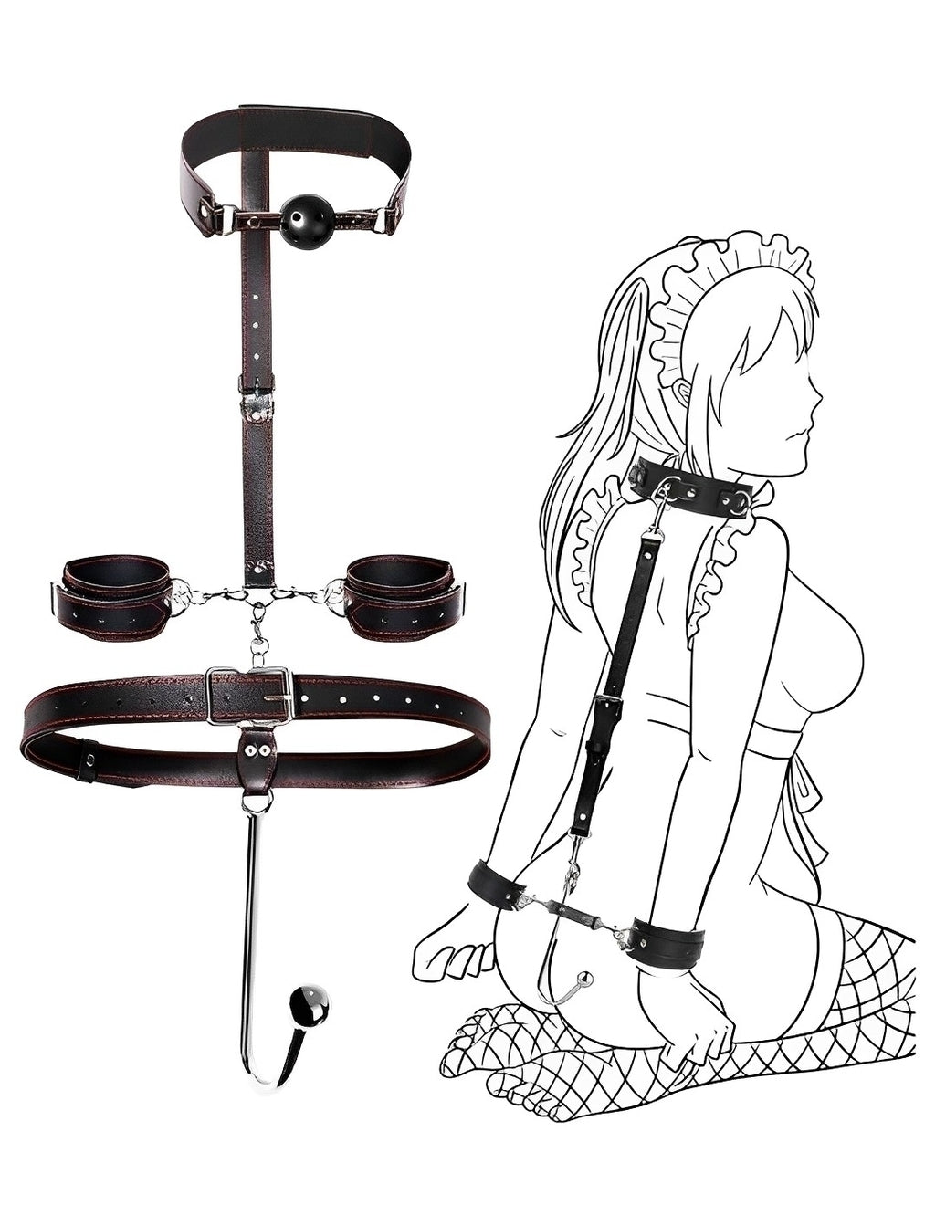 Kit Bondage Preto com Algema, Coleira, Mordaça e Plug Anal - Fetiche e Prazer Completo