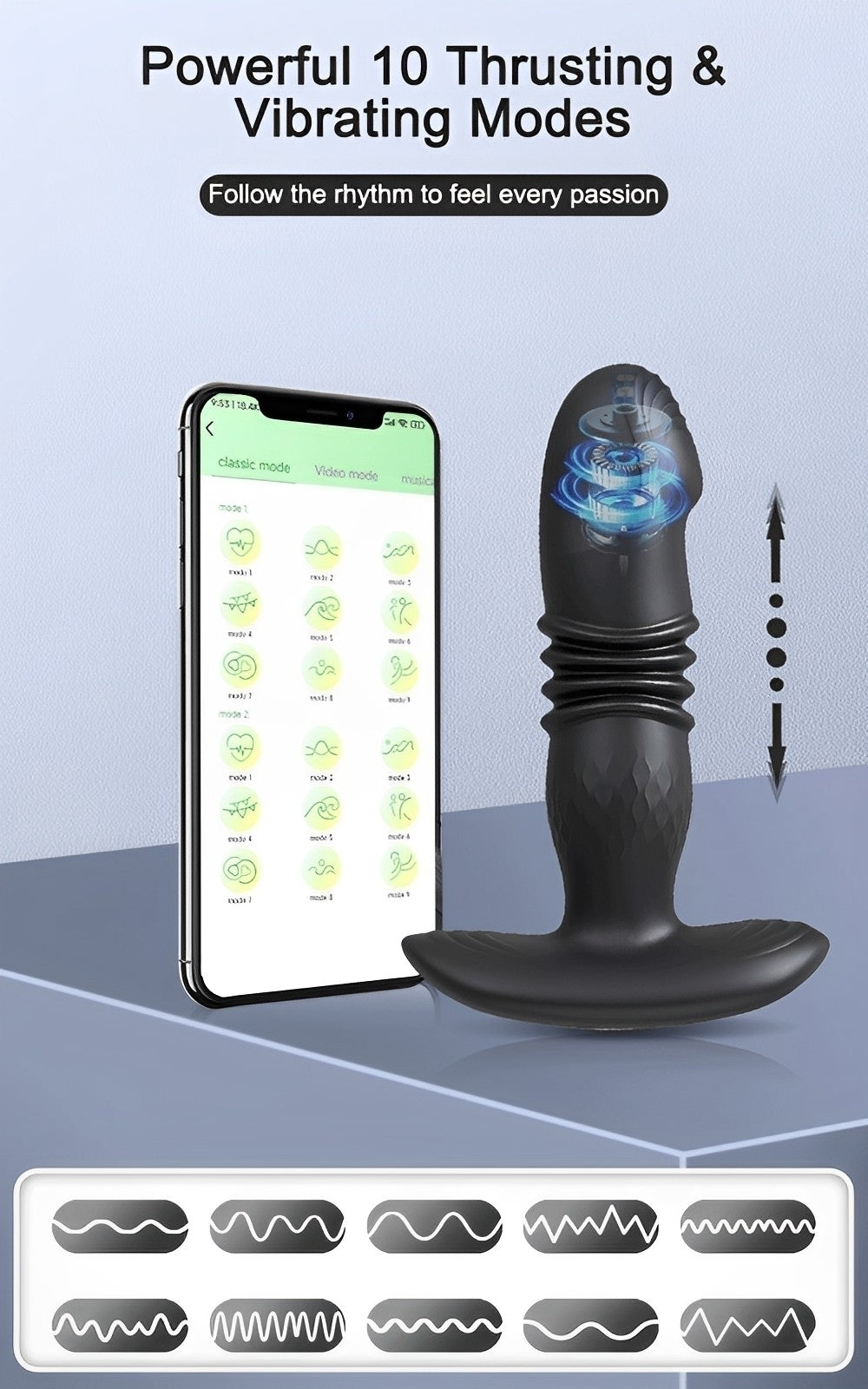 Vibrador com 10 modos de vibração (com controle remoto e pelo celular por aplicativo)