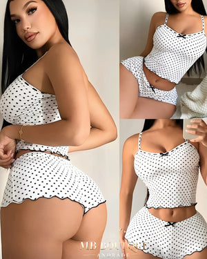 Baby Doll Poá Feminino Curto em Microfibra – Conjunto de Alcinhas com Shorts Soltinho (Preto ou Branco) | P ao GG