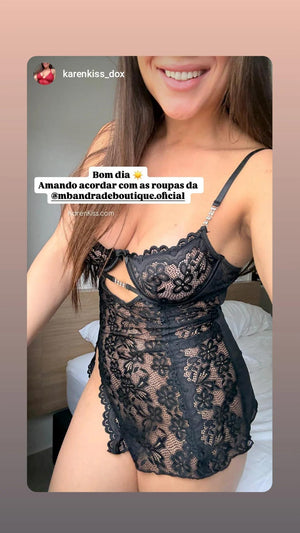 Camisola Sensual Preta, Vermelho com Fenda, Renda Floral e Aro – Lingerie com Transparência para Noite Romântica