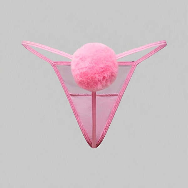 Calcinha Fio Dental Coelhinha com PomPom - Lingerie Sensual em Tule Transparente Rosa, Preto ou Branco | Calcinha Sexy Feminina P ao GG