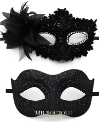 Máscaras de Baile Preto Casal – Kit Máscara Veneziana Masculina e Feminina com Detalhes de Renda, Flor e Glitter – Fantasia de Luxo para Festa e Carnaval