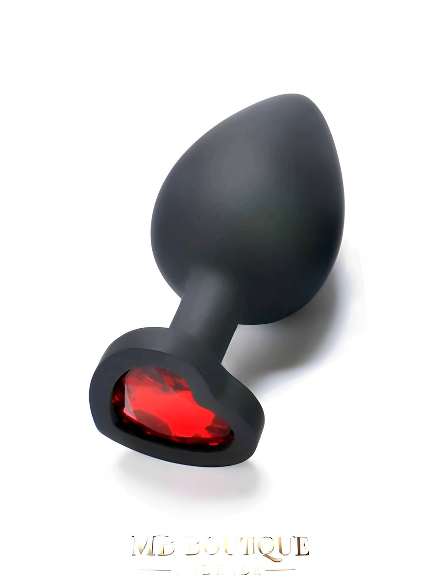 Plug Anal Preto de Silicone com Joia Vermelha em Formato de Coração - Tamanho Único