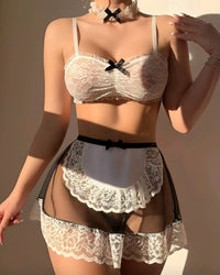 Fantasia de Garçonete Feminina com Renda e Tule – Conjunto Preto e Branco com Gargantilha e Calcinha Fio Dental