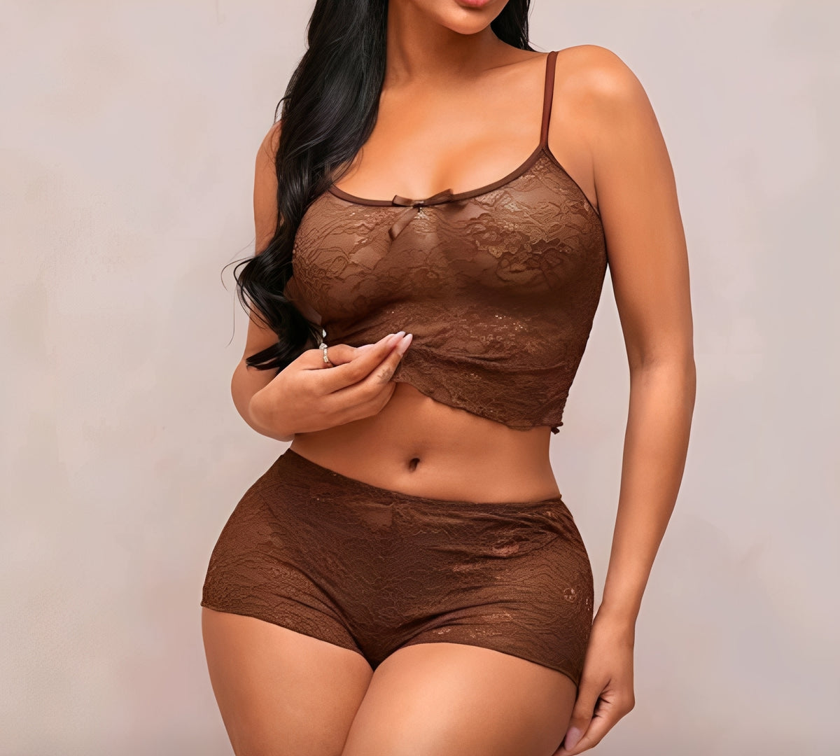 BabyDoll de Renda Chocolate Feminino - Lingerie Sexy, Confortável e Sofisticada para Noite