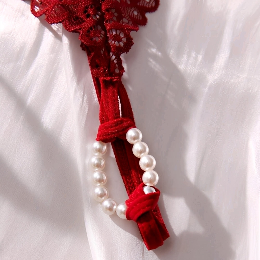 Calcinha Fio Dental Tailandesa Vermelha com Pérolas e Renda - Lingerie Sensual Feminina de Luxo P ao GG