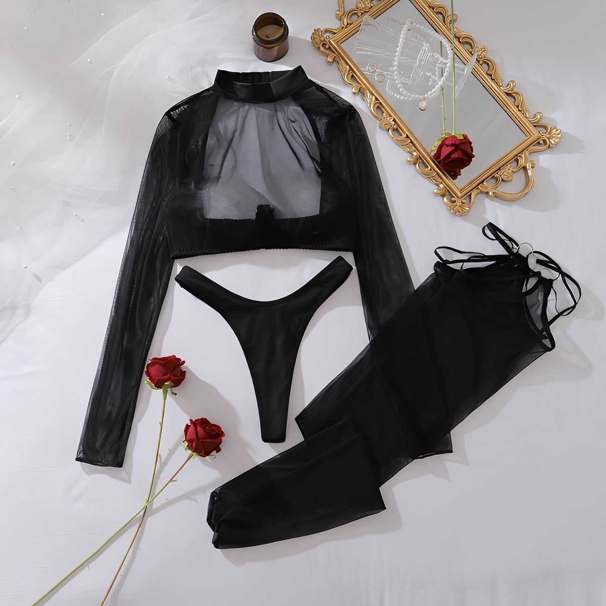 Conjunto Lingerie Sensual Preto com Meias 7/8 em Tule Transparente - Manga Longa, Gola Alta e Design Poderoso