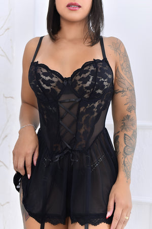 Camisola Sexy Preta em Renda e Tule Transparente com Ligas de Perna – Lingerie Sofisticada P ao GG