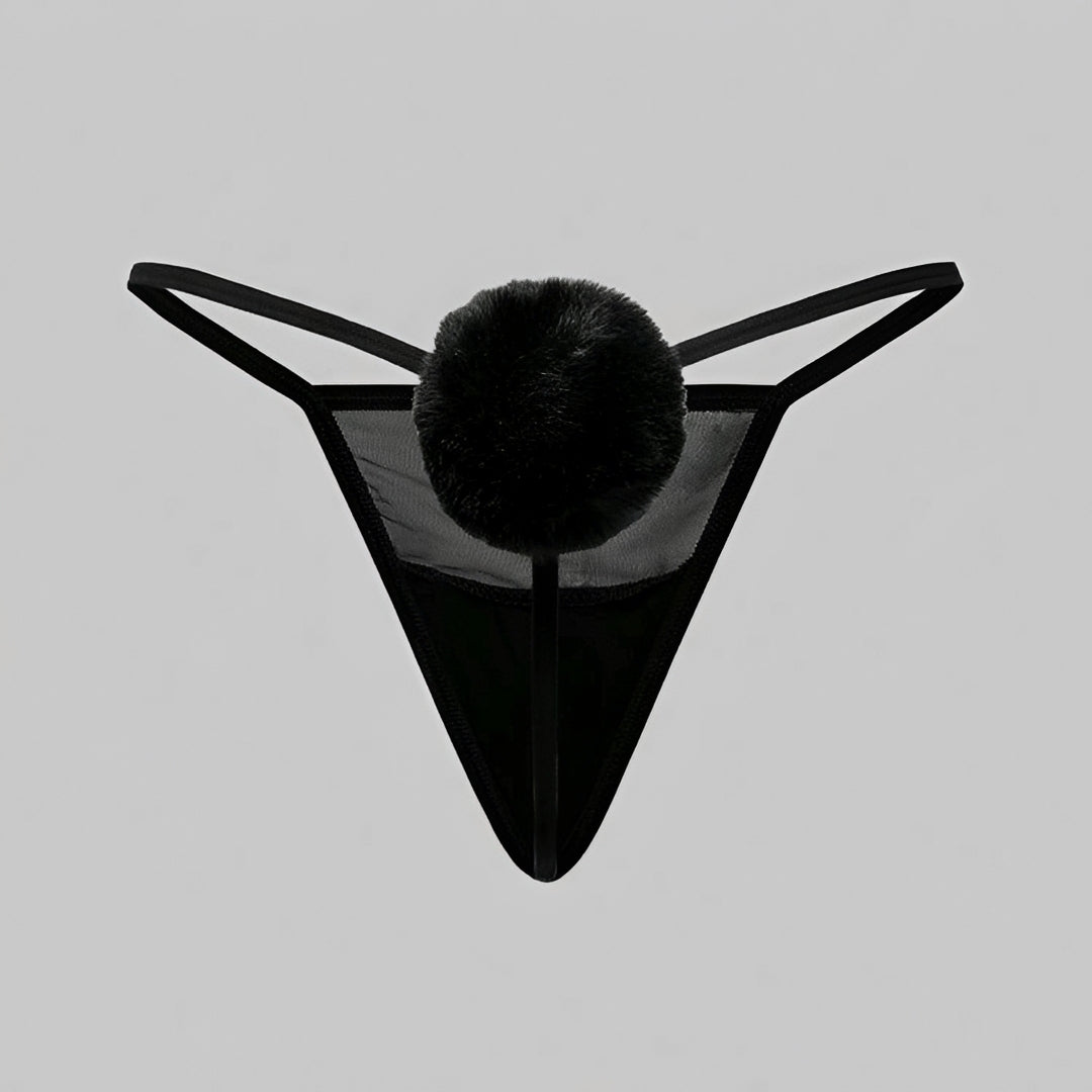 Calcinha Fio Dental Coelhinha com PomPom - Lingerie Sensual em Tule Transparente Rosa, Preto ou Branco | Calcinha Sexy Feminina P ao GG