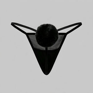 Calcinha Fio Dental Coelhinha com PomPom - Lingerie Sensual em Tule Transparente Rosa, Preto ou Branco | Calcinha Sexy Feminina P ao GG