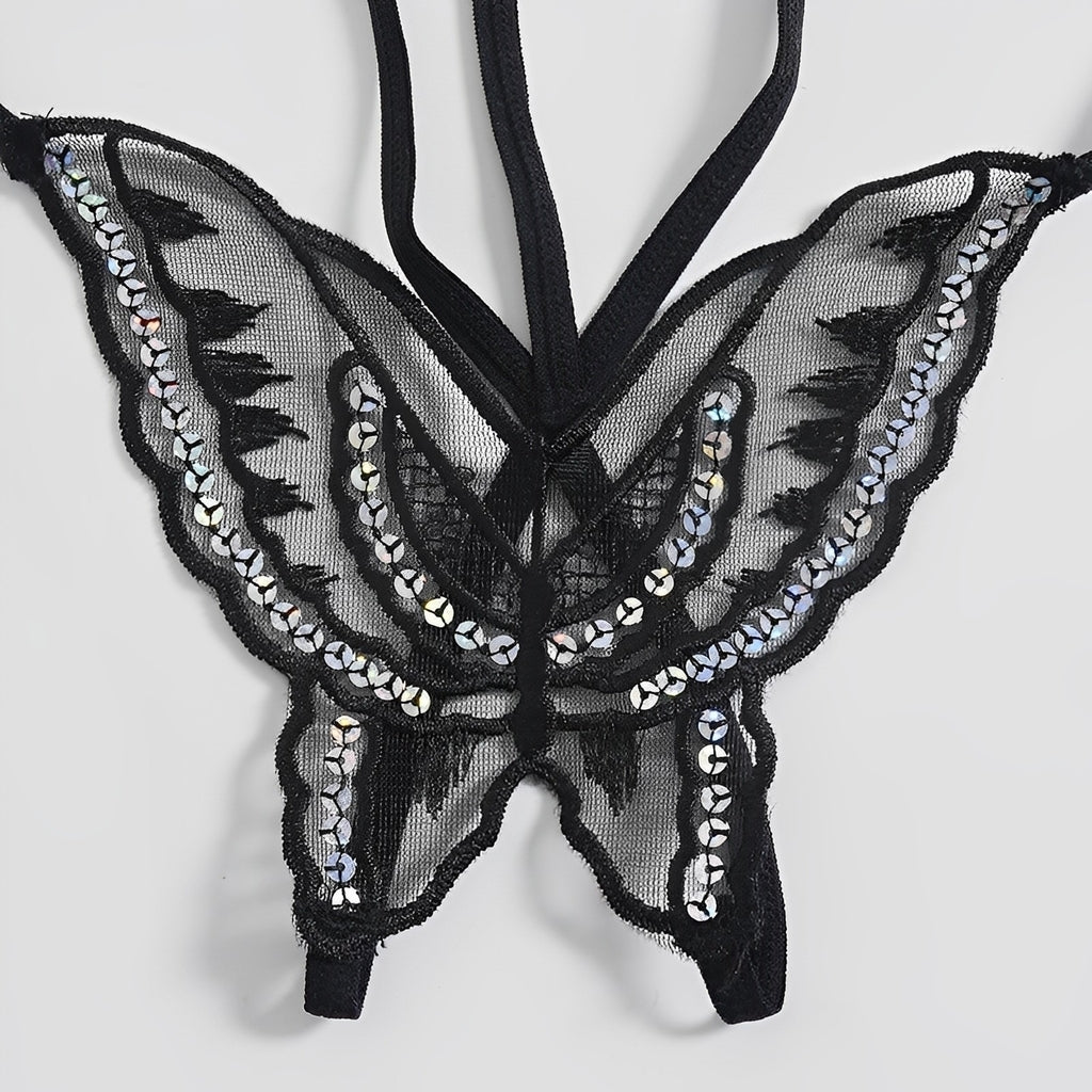 Calcinha Fio Dental Preta com Renda Floral e Pérolas – Lingerie Sensual com Abertura Inferior para Momentos Ousados