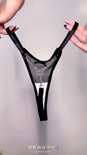 Calcinha Fio Dental Preta Minimalista com Detalhe prata e dourado - Lingerie Sensual Feminina P ao GG