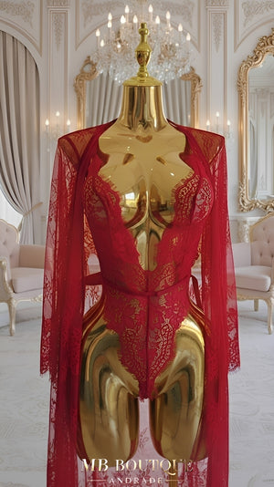 Body de Renda com Robe Feminino e Cinto de Cetim – Lingerie Sensual Elegante sem Bojo e sem Aro - Preto, Vermelho, P ao GG