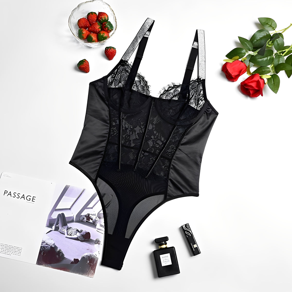 Body Rendado Preto com Transparência e Alças de Brilho – Lingerie Feminina Sofisticada