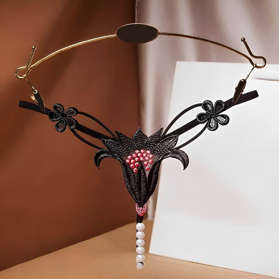 Calcinha Fio Dental com Pérolas em Renda Floral – Lingerie Sensual Feminina Luxo nas Cores Vermelho, Preto, Branco, Azul, Verde, Rosa e Roxo