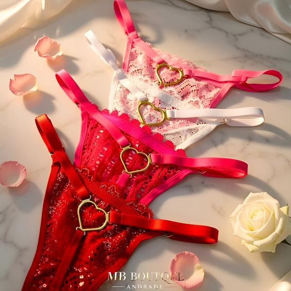 Calcinha Fio Dental Regulável em Renda com Coração Dourado - Lingerie Sensual Feminina P ao GG