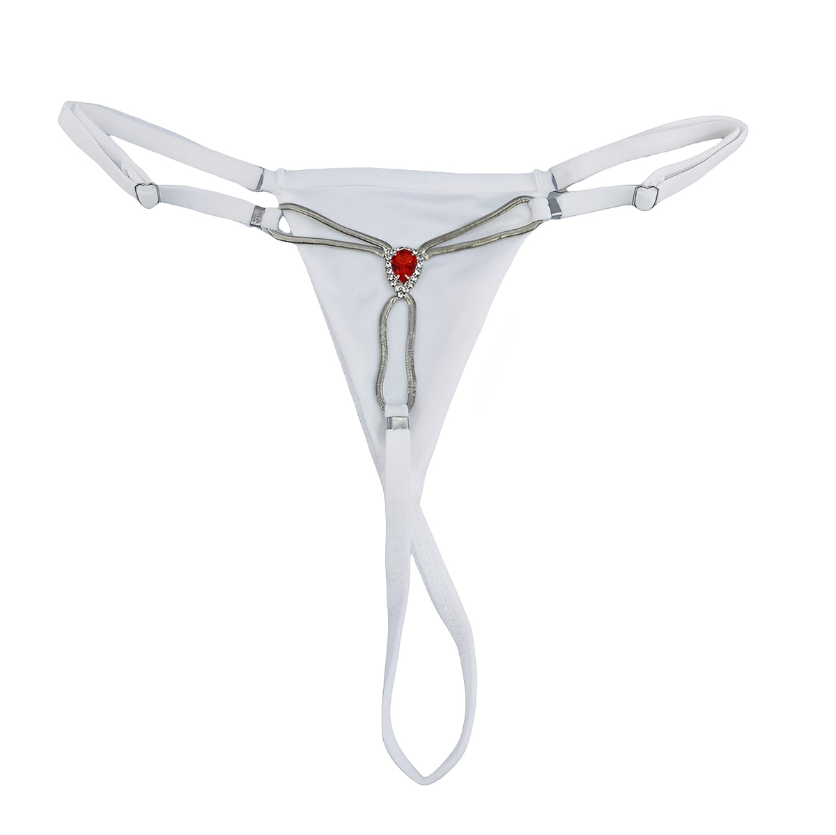 Calcinha Fio Dental Luxo com Pedra Vermelha em Strass e Corrente Metálica - Lingerie Sensual Feminina - Cores vermelho, Preto e branco
