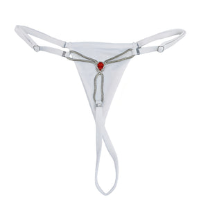 Calcinha Fio Dental Luxo com Pedra Vermelha em Strass e Corrente Metálica – Lingerie Sensual Feminina - Cores vermelho, Preto e branco