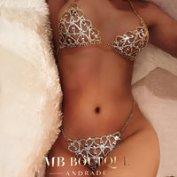 Conjunto Luxo com Strass – Sutiã e Calcinha Sensual (Prata ou Dourado) – Coleção Gold