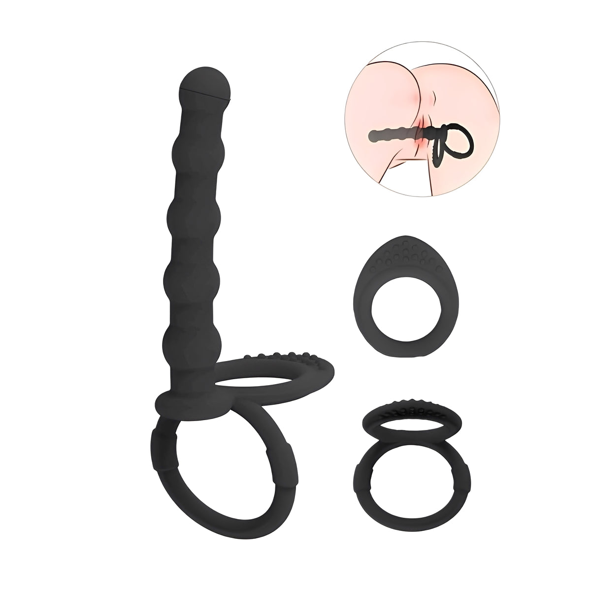 Colar Peniano Preto com Estimulador Anal - Silicone Macio para Dupla Penetração