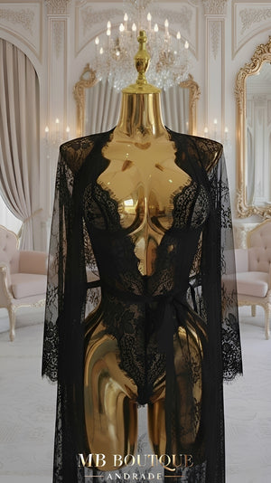 Body de Renda com Robe Feminino e Cinto de Cetim – Lingerie Sensual Elegante sem Bojo e sem Aro - Preto, Vermelho, P ao GG