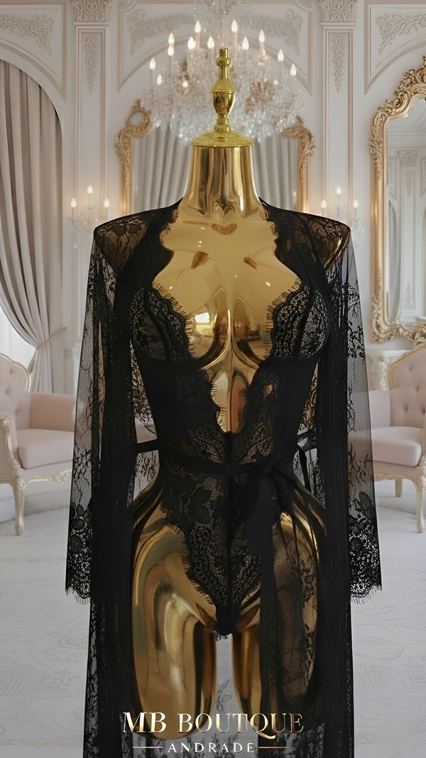 Body de Renda com Robe Feminino e Cinto de Cetim – Lingerie Sensual Elegante sem Bojo e sem Aro - Preto, Vermelho, P ao GG