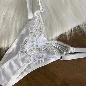 Calcinha Fio Dental com Borboleta Bordada e Lantejoulas – Lingerie Sensual Ajustável P ao G - Preto, branco e vermelho