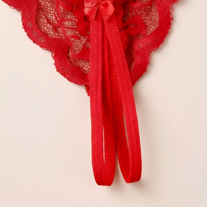 Kit 5 Calcinhas Fio Dental com Abertura Inferior em Renda e lacinhos – Lingerie Sensual Feminina P ao GG - Preto, Vermelho, branco, rosa claro, rosa escuro