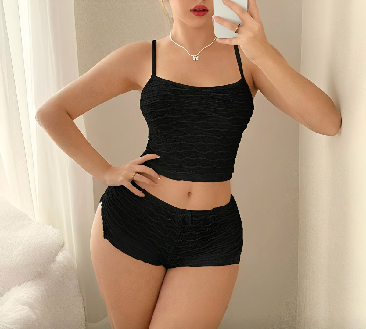 BabyDoll Feminino Texturizado Preto ou Rosa – Conjunto Confortável e Sensual para Dormir com Estilo e Elegância