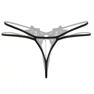 Calcinha Fio Dental Preta com Abertura Inferior e Pérolas – Lingerie Sensual em Renda Floral com Tiras Duplas (PP ao GG)