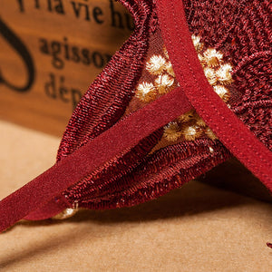 Calcinha Fio Dental com Pérolas em Renda Floral – Lingerie Sensual Feminina Luxo nas Cores Vermelho, Preto, Branco, Azul, Verde, Rosa e Roxo