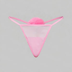 Calcinha Fio Dental Coelhinha com PomPom - Lingerie Sensual em Tule Transparente Rosa, Preto ou Branco | Calcinha Sexy Feminina P ao GG