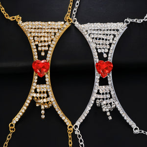 Colar Corporal de Luxo com Strass e Pedra Verde – Joia Sensual Feminina Prata ou Dourada