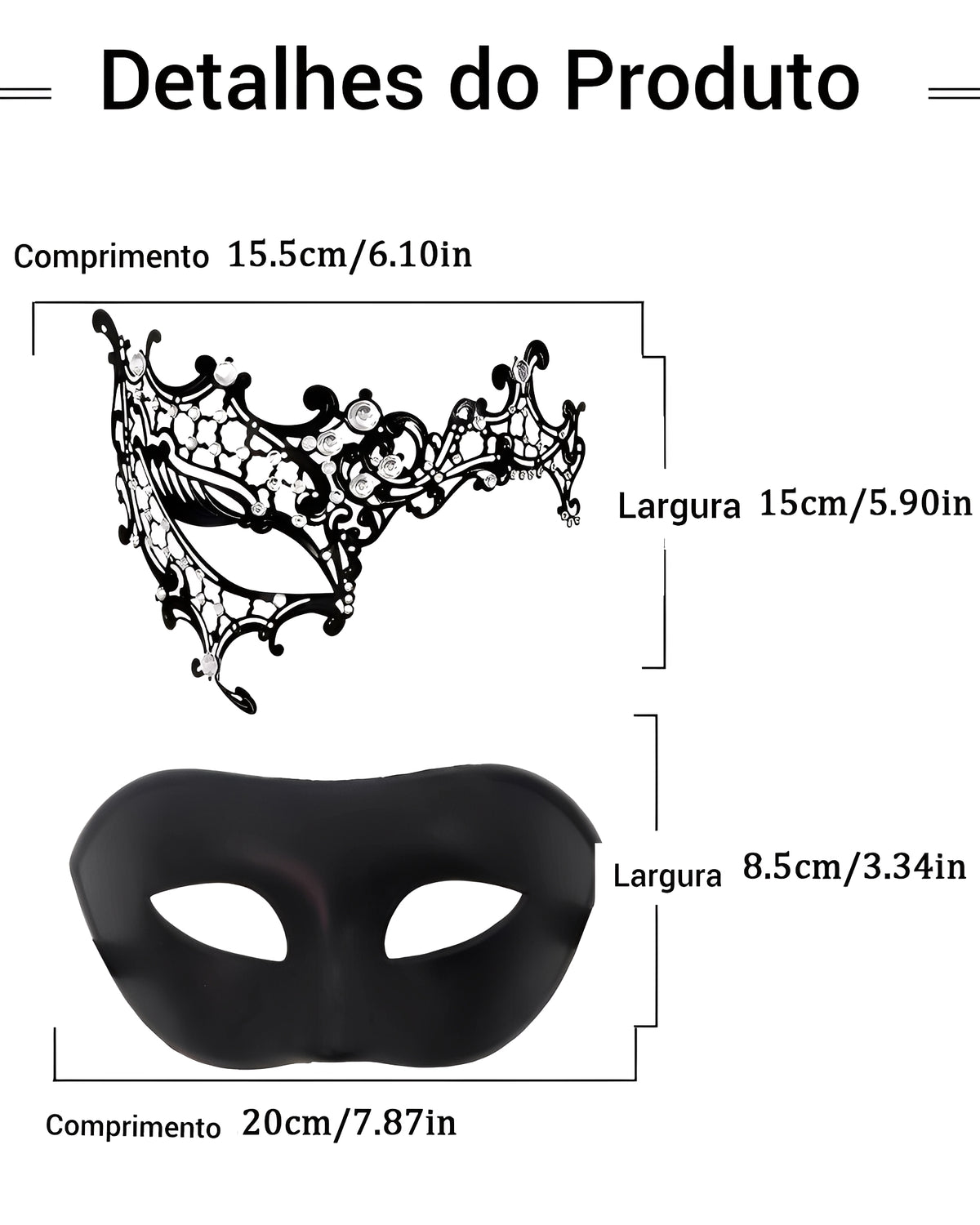 Kit Máscara Veneziana Luxo em Metal com Brilho + Máscara Clássica Preta Unissex – Fantasia de Casal, Festa à Fantasia, Baile de Máscaras, Acessório Sensual e Elegante